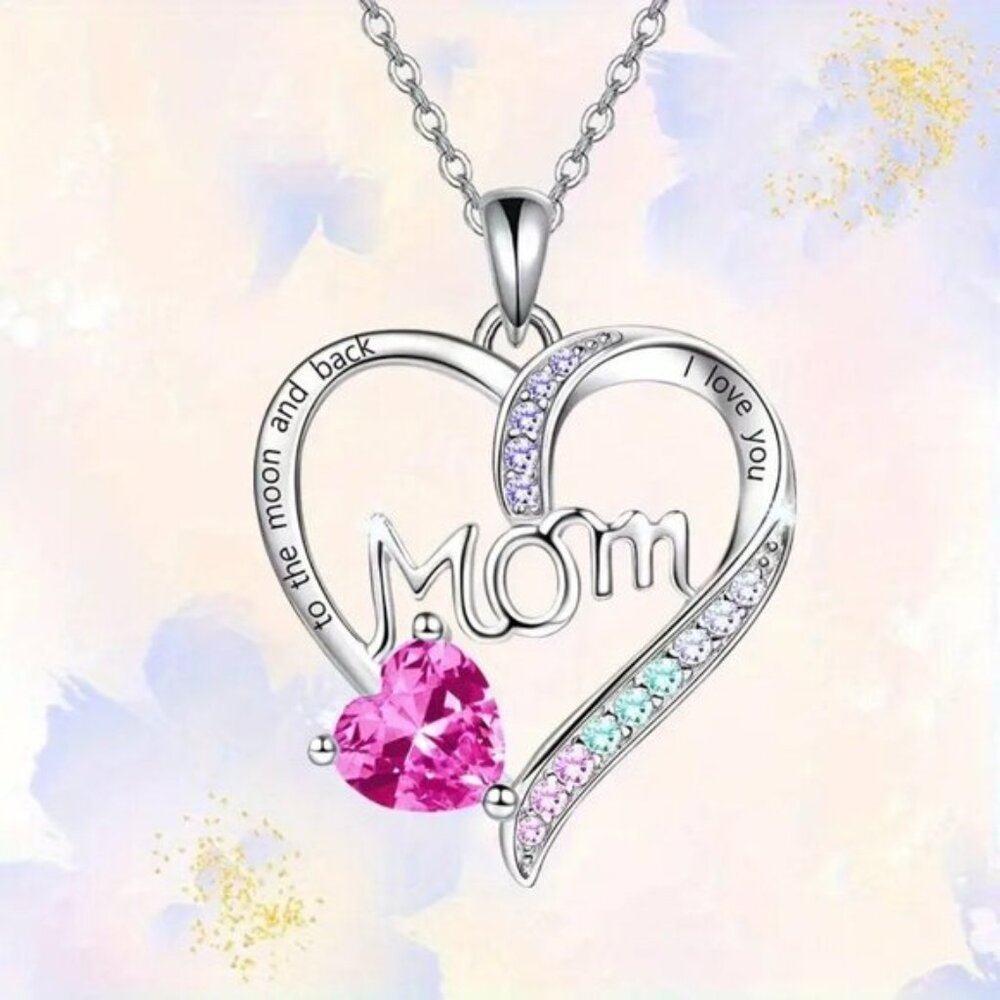 Pink Mom Heart Necklace Mothers Day Gift I Love You To The Moon And Back Jewelry